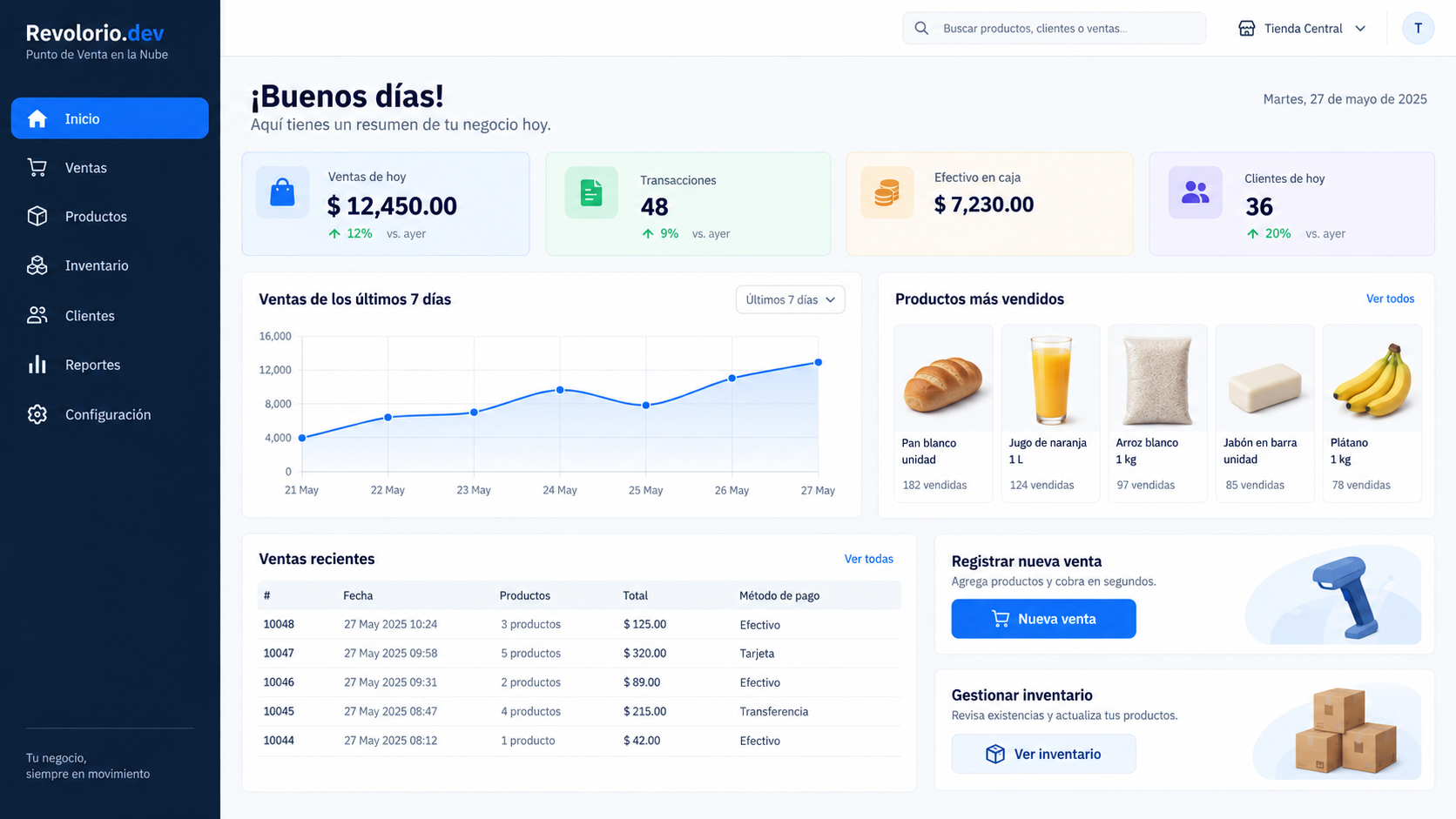 Panel de ventas del sistema POS Revolorio con datos de demostración